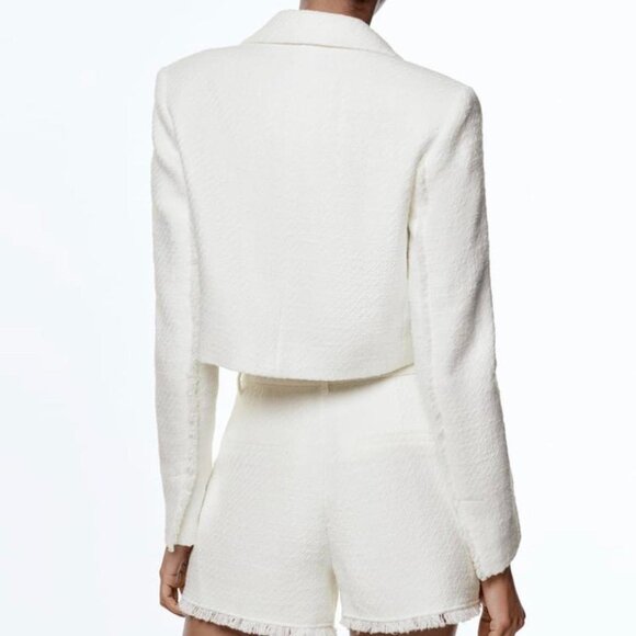 Zara Cropped Blazer White Jacket Tweed Cotton  Size XL - Picture 2 of 12